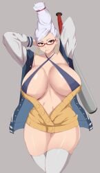 1girls alternate_version_available ayase_seiko baseball_bat big_breasts breasts dandadan female female_focus female_only gilf grandmother huge_breasts jacket looking_at_viewer mature mature_female sombra222 sweater thick_thighs voluptuous voluptuous_female white_hair