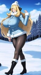 1girls ai_generated blonde_hair cynthia_(pokemon) huge_breasts nintendo pantyhose pokemon pokemon_dppt