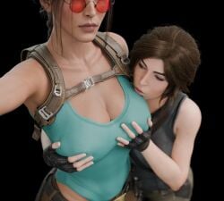 2girls 3d busty cleavage female female_focus female_only lara_croft lara_croft_(classic) lara_croft_(survivor) selfie tagme the_vice_art tomb_raider