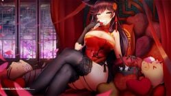 animal_ears atago_(azur_lane) azur_lane black_hair blush chinese_clothes cute dog_ears dress game gloves hair_ornament hair_ribbon hennessy_lieu long_hair official_art piukute062 sexy skimpy stockings suggestive valentine's_day