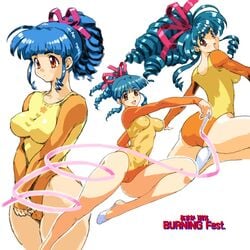 1:1 1girls 2019 ass asuka_120_percent baton big_ass blue_hair breasts brown_eyes cameltoe clothing copyright_name drill_hair eyebrows_visible_through_hair feet female female_only gymnast_leotard gymnastics hair_ribbon highres impossible_clothes jumping leotard looking_at_viewer medium_breasts multiple_views nipple_bulge ookubo_kumi open_mouth petitdry ponytail ribbon ribbon_baton shoes simple_background smile solo standing text thick_thighs thighs tied_hair toe_shoes tongue tri_drills v_arms white_background wide_hips yellow_leotard