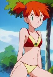 1girls ai_generated background bikini civitai closed_mouth crouching d3rmal earrings green_eyes kasumi_(pokemon) misty_(pokemon) nature nature_background orange_hair pokemon serious short_hair sky solo tagme tree