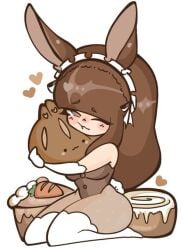 baked_goods blush blush brown_eyes brown_hair bunny_ears bunnysuit cute cute_face female female_only geoexe gwain_saga heart hearts_around_body hugging_pillow lanney_(gwain_saga) long_hair maid one_eye_closed seabunny_pi tagme