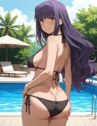 ai_generated ass_crack bangs big_ass big_breasts bikini eye_contact looking_at_viewer pool purple_hair raika_oda rear_view red_eyes swimsuit