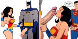 2_panel_comic ai_generated batman bruce_wayne cock_awe cuckold cuckolding dc dc_comics dialogue diana_prince flashing_penis jerkingoff justice_league licking licking_penis masturbation pale-skinned_female pale-skinned_male shocked super_friends superfriends superman will_of_ai wonder_woman