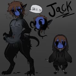 anthro artist_winterinkwolf black_body bodily_fluids creepypasta dripping eyeless_jack genital_fluids genitals grey_background hand_on_penis hi_res leaking_precum male male/male penile_spines penis precum precum_drip reference_image rubbing_penis simple_background slime solo touching_penis