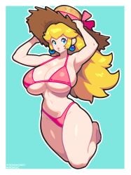 1girls adnyc alternate_breast_size big_breasts bikini blonde_hair blue_background blue_eyes breasts cleavage clothing earrings eyebrows female female_only full_body huge_breasts human large_breasts leotard light-skinned_female light_skin lipstick long_hair looking_at_viewer mario_(series) navel nintendo princess_peach simple_background solo sun_hat thick_thighs thighs wide_hips