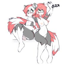 2016 anthro balls blush breasts canine duo english_text female fur green_eyes grey_fur hair hybrid kribbles male mammal nipples nude penis phone raccoon red_hair rikki selfie signature simple_background smile square_crossover text tongue tongue_out white_background white_fur wolf