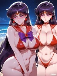 1girls ai_generated beach bikini bishoujo_senshi_sailor_moon black_hair blush breasts difuxer female female_focus female_only huge_breasts large_breasts light-skinned_female light_skin looking_at_viewer navel night sailor_collar sailor_mars solo thick_thighs wide_hips