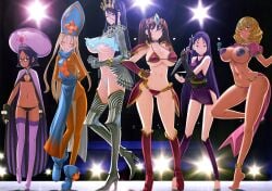 6+girls absurdres akutsu_kirara armor arms_behind_back backlighting barefoot bikini bikini_armor black_hair blonde_hair blue_eyes blue_hair bodystocking boots breasts brown_eyes brown_hair cape choker cleavage closed_eyes cosplay crown dancer dancer_outfit dark-skinned_female dark_skin dragon_quest gauntlets glasses gloves gold_trim hand_on_own_hip hat high_heel_boots high_heels highres honjou_raita huge_breasts indoors japanese_clothes kimono kunai kuramoto_erika long_hair mahou_shoujo_(raita) midriff multiple_girls nail_polish navel ninja nipple_tassels nitta_yui non-web_source pasties puniyanka purple_eyes purple_hair sasaki_kotone short_hair short_kimono sleeveless sleeveless_kimono small_breasts smile standing standing_on_one_leg suzuhara_misa suzuhara_misae swimsuit tassel tassel_pasties thigh_boots thighhighs toeless_legwear twintails underboob weapon zettai_junpaku_mahou_shoujo