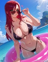 adjusting_eyewear ai_generated balecxi black_bikini blush cleavage day female green_eyes grin heart innertube katarina_du_couteau large_breasts league_of_legends long_hair looking_at_viewer looking_over_eyewear navel outdoors red_hair side-tie_bikini_bottom smile solo stomach sunglasses swim_ring swimsuit water wet