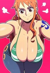 ai_generated bikini brown_eyes cleavage clothing female female_only gigantic_breasts hanging_breasts huge_breasts jeans lubbasdump nami nami_(one_piece) one_piece orange_hair smile wide_hips