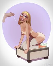 albasnipple basnip big_hero_6 blonde_hair breasts cum cum_string disney female glasses high_heels honey_lemon kneeling long_hair male marvel nipples partial_male penis tanline thighhighs