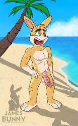 anthro areola athletic athletic_anthro athletic_male balls beach big_penis biped blonde_hair blue_eyes cloud day feet fingers front_view full-length_portrait fur genitals glans hair half-erect hand_on_hip happy hi_res humanoid_genitalia humanoid_hands humanoid_penis james_bunny jamesbunny007 lagomorph leporid male mammal multicolored_body multicolored_fur navel nipples nude_anthro nude_male open_mouth open_smile outside palm_tree pecs penis plant plantigrade portrait pubes rabbit sand short_hair smile solo standing tan_body tan_fur teeth toes tongue tree two_tone_body two_tone_fur vein veiny_penis water yellow_body yellow_fur