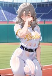 1futa ai_generated baseball_uniform bulge embarrassed futanari honkai:_star_rail huge_cock see-through_clothing self_upload starskyai stelle_(honkai:_star_rail) sweat