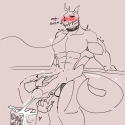 bara blush_lines cumshot derg gay grabbing_penis lustfulsai masturbating_other milking_cum milking_penis original_character red_eyes tail touching_penis