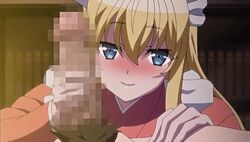 1boy 1girls animated blonde_hair blue_eyes blush censored female handjob huge_cock ikoku_na_retro looking_at_viewer male penis pov straight