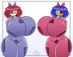 2025 2girls big_ass big_breasts blue_hair blush breasts_bigger_than_head chocker doll doll_girl dropedartist enormous_breasts evil_ragatha female huge_breasts looking_at_viewer ragatha ragatha_(tadc) ragatha_(the_amazing_digital_circus) red_hair self_upload smile the_amazing_digital_circus thick thick_legs