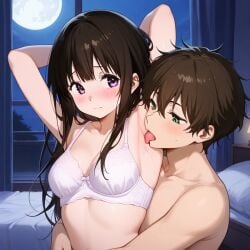 ai_generated armpit_fetish armpit_licking armpits arms_behind_head arms_up blush bra breasts chitanda_eru couple couple_love hyouka licking_armpit nai_diffusion oreki_houtarou shy white_bra wholesome_sex