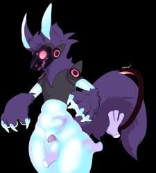 absurd_res anthro armor ass belly belly_squish big_butt big_ears big_hands big_tail blue_body bodily_fluids butt_grab chastity_cage chastity_device claws disembodied_hand fur gaylord_(artist) genital_fluids genitals ghost_hand glowing glowing_body hand_on_butt hi_res leaking leaking_precum machine male penis precum protogen purple_body purple_fur small_penis solo solo_focus squeezing squish tail thick_thighs