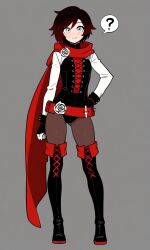 ? ai_generated alternate_costume alternate_outfit corset female flat_chest gloves hand_on_hip leotard looking_at_viewer pantyhose ruby_rose rwby scarf skinny smiling thighhigh_boots