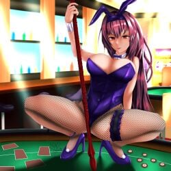 absurdres animal_ears bow bowtie breasts card detached_collar fate/grand_order fate_(series) female fishnets gae_bolg_(fate) hairband high_heels highres holding holding_weapon large_breasts leotard long_hair looking_at_viewer otakuotaco playing_card poker_chip purple_bow purple_bowtie purple_hair purple_hairband purple_leotard rabbit_ears red_eyes scathach_(fate) scathach_(piercing_bunny)_(fate) spread_legs thighs very_long_hair weapon wrist_cuffs