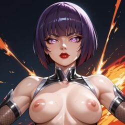 1girls ai_generated alternate_body_type alternate_costume bare_shoulders bodysuit breasts_out female kunoichi latex_suit nipples oboro_(taimanin_asagi) purple_hair rejuvenate short_hair solo taimanin_(series) taimanin_asagi