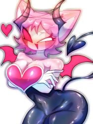 1girls animal_ears bat_wings blush breasts cleavage demon demon_girl demon_horns demon_tail female friday_night_funkin friday_night_funkin_mod heart mid-fight_masses monpopo358 open_mouth pink_hair pink_sclera rouge_the_bat_(cosplay) sarvente_(dokki.doodlez) skin_tight smile spade_tail tagme twitter_username white_background white_sclera wings