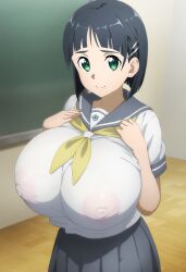 1girls ai_generated black_hair blush cleavage erect_nipples erect_nipples_under_clothes female female_only green_eyes huge_breasts kirigaya_suguha light-skinned_female light_skin looking_at_viewer massive_breasts mt_onizu nipples_visible_through_clothing pleated_skirt school_uniform schoolgirl short_hair smiling solo sweat sweatdrop sword_art_online thick_body thick_female voluptuous voluptuous_female