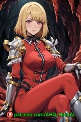 1girls ahq_hentai ai_generated armour big_breasts blush cave cha_hae_in female_knight legs_crossed medium_breasts patreon perfect_body sitting solo_leveling stable_diffusion