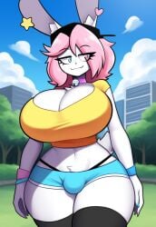 ai_generated anthro armband baseball_cap big_breasts body_fur breasts bulge bunny_boy bunny_ears busty_boy choker choker_bell city cityscape cleavage clouds femboy furry gigantic_breasts huge_breasts large_breasts male male_with_breasts park peanut_butter_(theycallhimcake) pink_hair shirt shorts tail thong walking white_body white_fur yasuhikonsfw