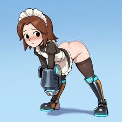 ai_generated black_eyes blush brown_hair civitai d3rmal maid maid_uniform mii_gunner mii_gunner_(smash_4) nintendo short_hair simple_background slapping_ass standing super_smash_bros. tagme twerking worried_expression