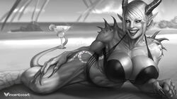 1girls beach big_breasts breasts cleavage demon ell_(superguest) female female_only horns large_breasts looking_at_viewer lying monochrome on_side pointy_ears solo solo_female tail vampire vincentcc