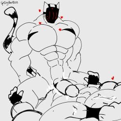 bara cat cat_tail couple cum_on_body fingerless_gloves furry furry_cat gay hearts_around_head holding_legs lustfulsai masked_male top_to_bottom