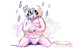 artist_self-insert belly_button blonde_hair clothed crossed_arms cute flower flower_in_hair nautti_spaghetti navel panties penis_bulge sitting sketch soft_shading sparkles spread_legs stretch_marks trans_woman transfem white_background