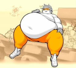 1girl 1girls belly_focus belly_overhang burger eating enjoying exposed_fat_belly fat fat_arms fat_belly fat_female fat_fetish fat_thighs fat_woman female female_only happy happy_female obese obese_female overwatch overwatch_2 overweight overweight_female pewbutt simple_background tracer weight_gain