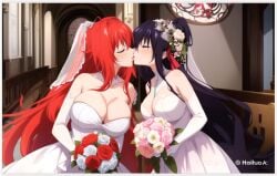 2girls ai_generated akeno_himejima bouquet bridal_bouquet bridal_veil bride bride_and_bride flirting girl_on_girl high_school_dxd kissing lesbian_couple lesbian_kiss lesbian_wedding lovers marriage rias_gremory wedding_bouquet wedding_dress wedding_veil wife_and_wife yuri yuri_wedding