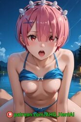 ahq_hentai ai_generated bikini blush bra_lift breasts cowgirl_position exposed_breasts exposed_pussy female lake maid maid_uniform medium_breasts night panties panties_aside patreon perfect_body pink_hair pov ram_(re:zero) re:zero_kara_hajimeru_isekai_seikatsu stable_diffusion vaginal_penetration