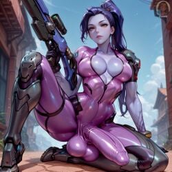 1futa 1girls ai_generated big_breasts big_bulge big_penis bodysuit bulge bulge_through_clothing cleavage dickgirl female futanari overwatch penis_outline widowmaker yo0001