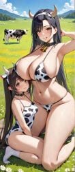 2girls adult adult_and_teenager adult_female age_difference ai_generated animal_ears animal_print arm_between_legs arm_up armpits arms_behind_head arms_up background bangs bare_arms bare_legs bare_midriff bare_shoulders bare_thighs big_breasts bikini bikini_bottom bikini_top black_hair blush blush bovine breast_on_head breast_size_difference breasts breasts_bigger_than_head brown_hair cloud collar commentary_request cow_ears cow_girl cow_horns cow_print cowbell cowgirl curvy curvy_figure cute cute_face dark_eyes dark_hair daughter family female female_focus female_only field flat_chest flat_chested flower flowers girl grass grass_field headband headwear huge_breasts incest kneeling large_breasts lia_the_busty_redhead long_hair looking_at_viewer mature_body mature_female mature_woman meadow midriff milf mommy mother mother_and_daughter nature nature_background navel older_female one-piece_swimsuit original original_character outdoors outside petite petite_body petite_female petite_girl plains seductive seductive_pose self_upload size_difference sky small_breasts smaller_female smile smiling smiling_at_viewer socks tagme taller_female taller_girl thick_thighs thighs thong white_socks wide_hips younger_female