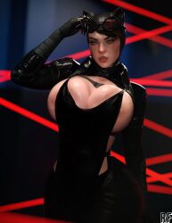 1girls 3d batman:_arkham_knight batman_(series) black_hair catwoman catwoman_(arkham_knight) curvy fat_ass freckles freckles_on_face green_eyes heist high_resolution highres huge_breasts large_breasts lasers latex leather looking_at_viewer pinup rude_frog seductive seductive_look thick_thighs voluptuous voluptuous_female wide_hips