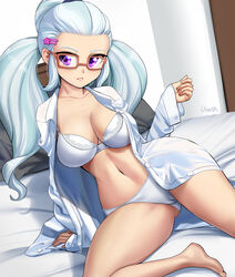 1girls barefoot bed bra breasts cameltoe cigusa cleavage equestria_girls female friendship_is_magic glasses hasbro hi_res highres human humanized legs lingerie my_little_pony navel open_mouth open_shirt panties shirt solo solo_female sugarcoat thighs triple_tails underwear white_underwear wide_hips