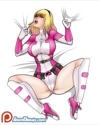 animated blonde_hair blue_eyes gwen_poole gwenpool gwenpool_(series) jago_dibuja marvel marvel_comics nipples no_sound purple_panties pussy shaved_pussy spider-man_(series) spread_legs video