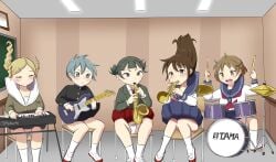 5girls absurd_res borusen chair commission drum indoors instrument mito_kumi_(borusen) penis_neck playing_instrument saxophone sitting trumpet upside-down what