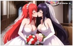 2girls ai_generated akeno_himejima bouquet bridal_bouquet bridal_veil bride bride_and_bride flirting girl_on_girl high_school_dxd kissing lesbian_couple lesbian_kiss lesbian_wedding lovers marriage rias_gremory wedding_bouquet wedding_dress wedding_veil wife_and_wife yuri yuri_wedding