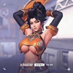 accurate_art_style ai_assisted ai_generated anran armpits arms_behind_head arms_up bare_shoulders big_breasts breasts chinese_clothes chinese_female detached_sleeves edited_official_artwork fan female folding_fan looking_at_viewer mole mole_under_eye navel official_art official_style overwatch ponytail raised_arm seductive seductive_look underboob