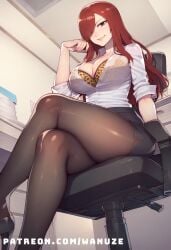 ai_generated big_ass big_breasts big_butt big_thighs black_skirt blush crossed_legs erza_scarlet fairy_tail high_heels huge_ass huge_breasts huge_butt huge_thighs leopard_print office_lady pantyhose red_eyes red_hair sitting wanuze white_hair wide_hips