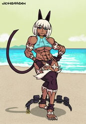 abs animal_ears barefoot beach blue_eyes breasts cat_ears catgirl claws female female_only fingerless_gloves gloves looking_at_viewer muscles muscular muscular_female nadia_fortune pose scar skullgirls solo tail underboob white_hair wickedraiden