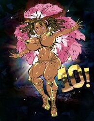 afro-asian basquash! big_breasts black_hair carnival carnival_outfit covered_nipples dancing dark-skinned_female dark_skin full_body high_heels huge_breasts keigi_(artist) miyuki_ayukawa muscular muscular_female muscular_thighs nipples_covered pink_eyes thick_thighs tomboy very_dark-skinned_female very_dark_skin voluptuous voluptuous_female