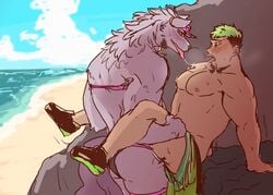 anthro anthro_on_human anthro_on_male bathym beach blush canine clothing demon gay hat human human_on_anthro interspecies kissing male male_on_anthro male_only mammal nee saliva seaside sex swimsuit taurus_mask tokyo_afterschool_summoners tongue wolf yaoi